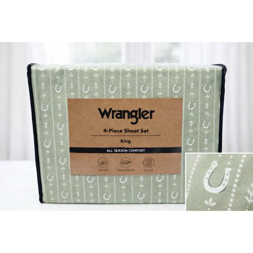 Wrangler 4 Pc‎ King Sheet Set Stables Stripe Green White Western Horseshoe